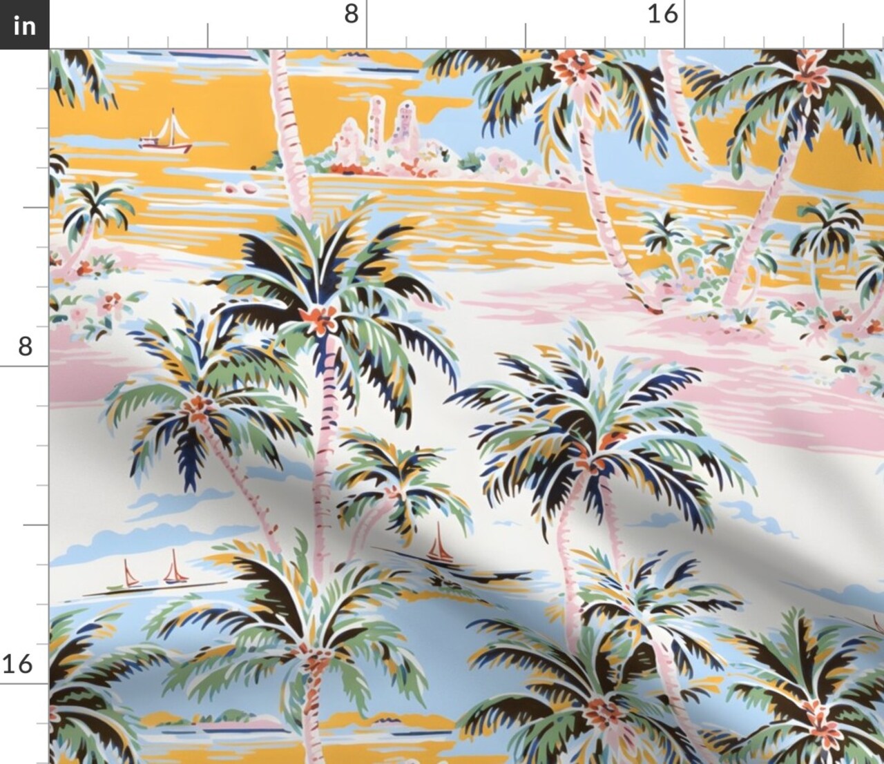 Tropical Summer Retro Boats Palm Trees Hawaiian Nautical Sailboats Coastal Ocean Vacation Custom Printed Fabric by Spoonflower Various Fabrics by the Yard or Fat Quarter
